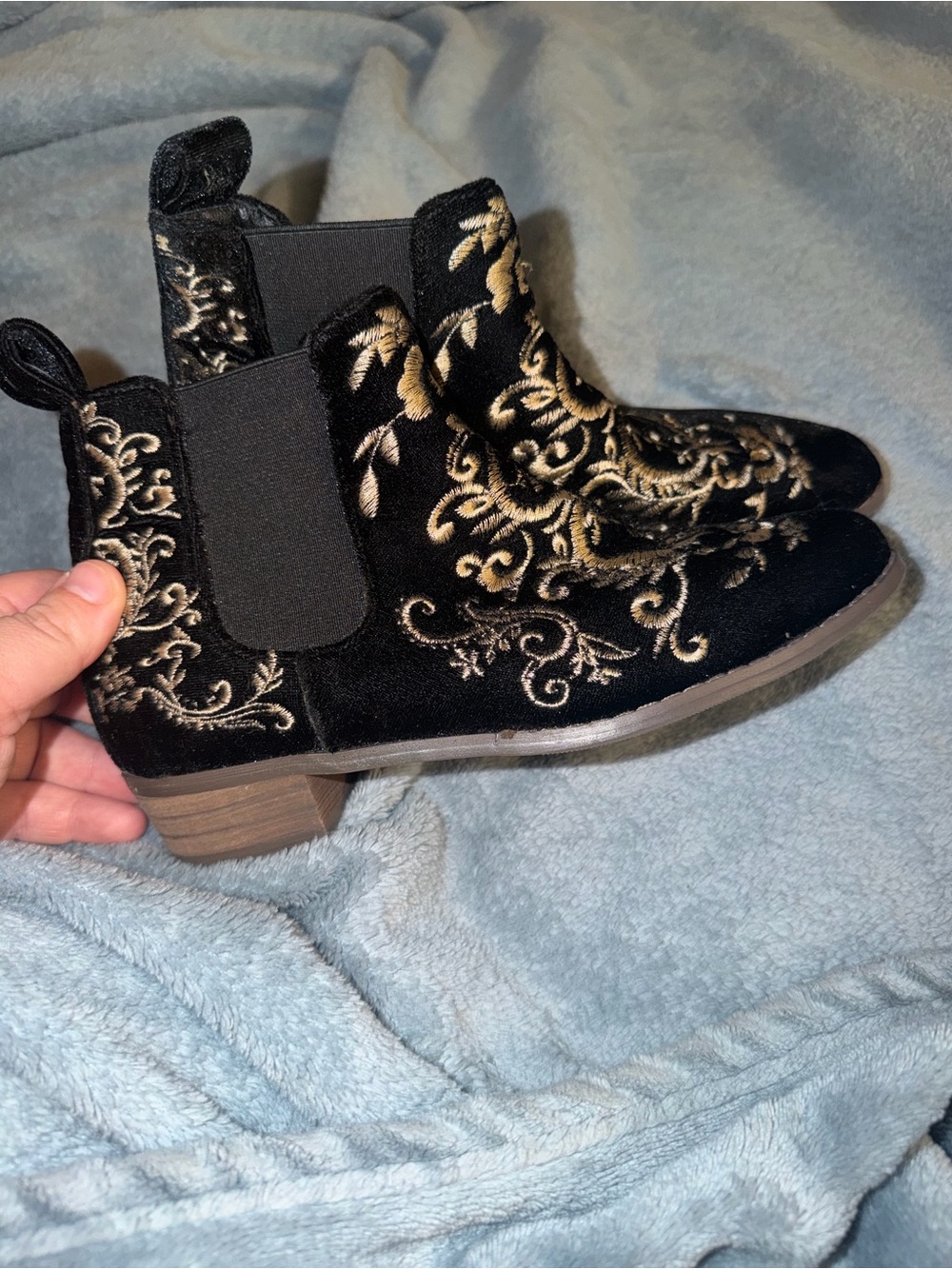 Joyfolie Black Velvet Chelsea Boots with Gold Embroidery